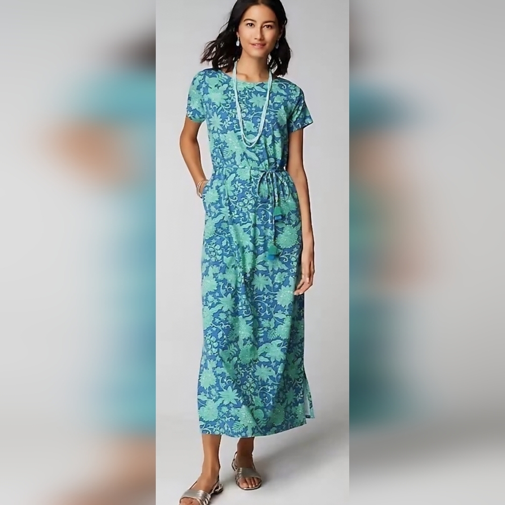 J.jill Cap Sleeve Maxi Dress In Cabana Blue With Green And White Floral Pattern